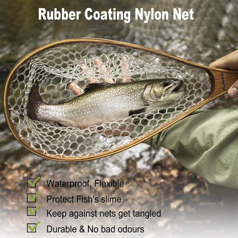 PLUSINNO Fly Fishing Net, Wooden Frame Landing Net with Magnetic Release, Soft Rubber Mesh for Trout Bass Catch