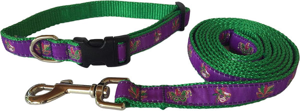 Preston Mardi Gras Dog Collar and Leash Set in Purple Ribbon on Green Nylon Webbing (Extra Small)