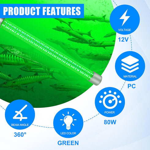 80W 12V 40000 (80W,16.4ft Underwater Fishing Light Lumens Super Bright LED Submersible Green Fish Finder Lamp Night