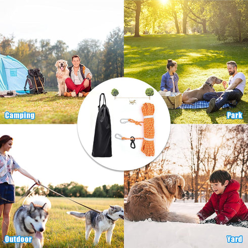 Dog Tie Out Cable for Camping, 50ft Reflective Overhead Trolley System for Dogs up to 300lbs, Portable Dog Runner