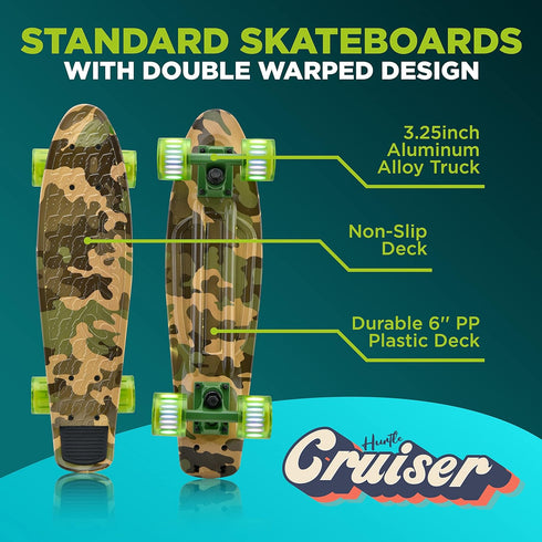 Hurtle Standard Mini Cruiser Skateboard - 6'' PP Deck, Complete Double Kick Board with LED Light Wheels