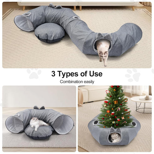 Linen Cat Tunnels with Central Cat Bed, Interactive Cat Toys Detachable Washable Soft Mat Large Indoor Play Tunnel Cave