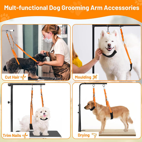 Dog Grooming Belly Strap - Table Arm Extender with Clamp for Bathing Restraint Leash (Small & Medium Dogs, Orange)