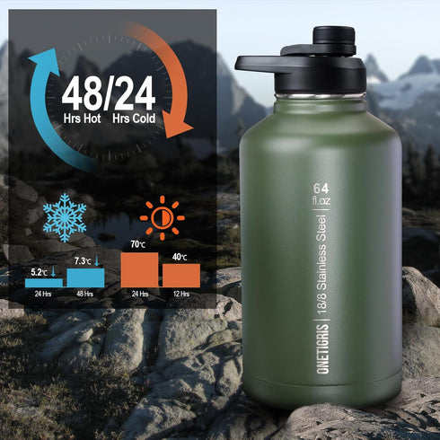 OneTigris Tactical Water Bottle with Straw - 64 oz Vacuum Insulated Stainless Steel Jug with 3 Lids
