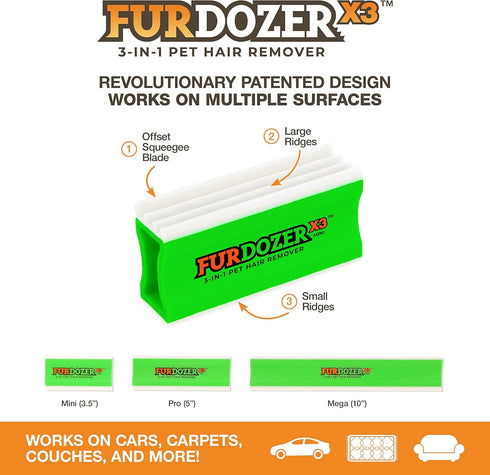 FurDozer X3 MINI Pet Hair Remover, Reusable Tool for Cat & Dog Hair on Carpets, Car Interiors, Bedding