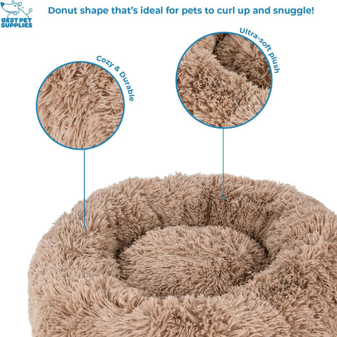 Best Pet Supplies Round Donut Dog Bed, Plush Faux Fur, Calming Anti-Anxiety Cushion, Slip-Resistant Base, Soft Support,