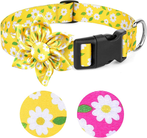 BiPawTi Floral Dog Collar with Daisy Bloom Decoration, Yellow Flower Collar for Small Dogs, Soft Cute Summer Collar (XS)