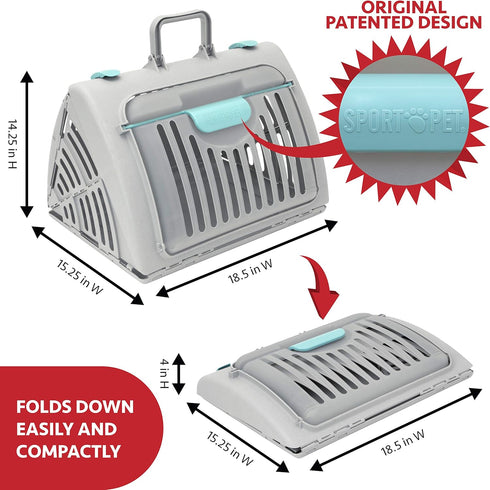 SportPet Designs Foldable Travel Cat Carrier with Waterproof Bed, Front Door Plastic Collapsible Carrier, Gray