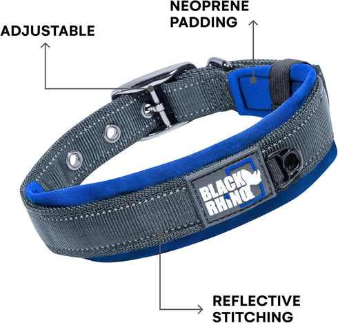 Black Rhino Reflective Dog Collar - Heavy Duty Adjustable Comfort Collar for Large Dogs, Blue/Grey