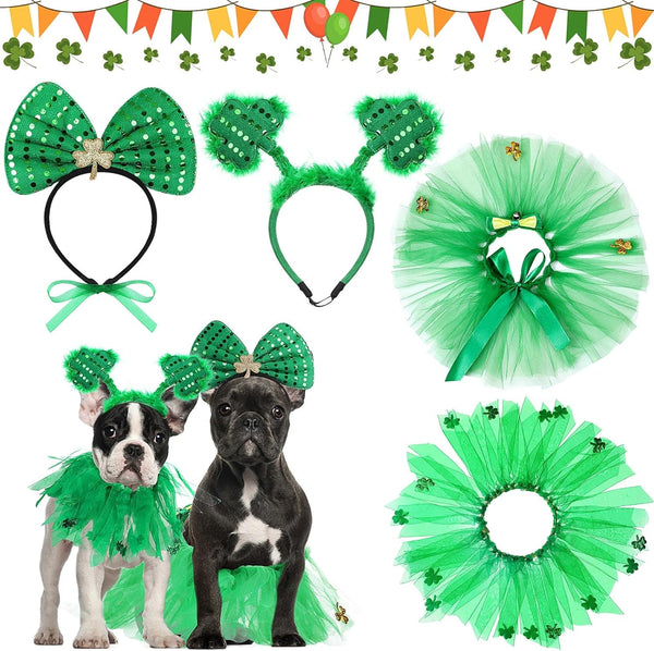 4 Pcs St Patrick's Day Dog Costume - Tutu for Dogs, Sequins Bowtie, Shamrock Headband, Green Puppy Skirt for Irish Party
