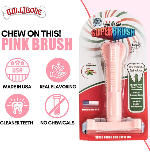Bullibone SuperBrush Dog Toothbrush Stick, Long Lasting Nylon Chew Toy, Pink Peppermint for Oral Care