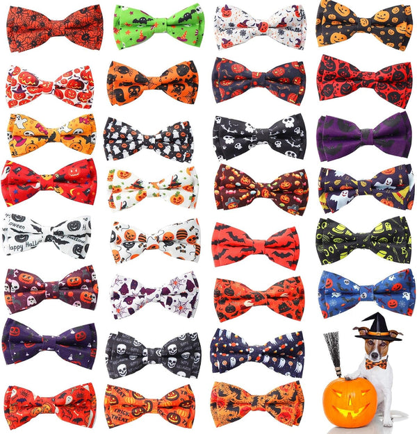 30 Pieces Halloween Fall Dog Bow Ties, Slide Collar Attachments with Elastic Bands for Pet Grooming Accessories
