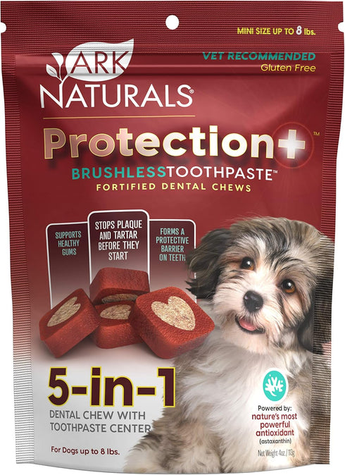 ARK NATURALS Protection+ Brushless Toothpaste for Mini Breeds, 4oz Bag - Dog Dental Chew with Toothpaste Center