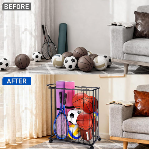 TOBWOLF Large Garage Ball Storage Rack with Wheels, Sports Equipment Organizer Rolling Ball Storage Cart, Freestanding