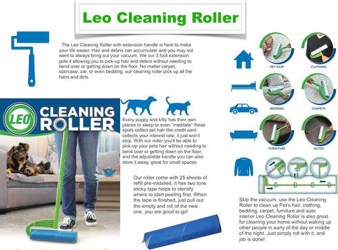 Leo Large 10-Inch Wide Lint Roller Refills, 25 Sheets with Extendable Handle to 45 Inch for Household Cleaning