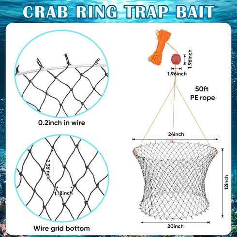 Poen 24'' 20'' 12'' Wire Grid Bottom Crab Nets Two Ring Crab Kit with Harness and Bait Clip x x Foldable Fishing Net