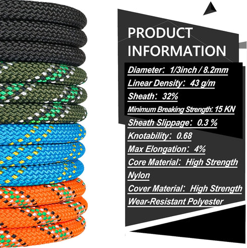 NTR 10M to 50M Climbing Rope, 8MM Static Rock Climbing Rope with 2 Steel Hooks for Outdoor Safety
