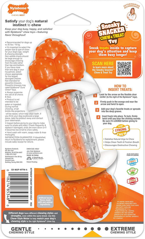 Nylabone Strong Chew Sneaky Snacker Treat Toy - Interactive Enrichment Chew Toys, Bacon Flavor (Medium/Wolf)