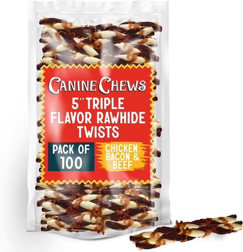 Canine Chews 5" Triple Flavor Rawhide Stick Twists for Small Dogs - Chicken, Pork, Beef Flavor Chew Toy (100 Pack)