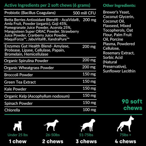 Doggie Greens, Natural Dog Vitamins & Probiotics, 6-in-1 Supplements & Vitamins Chews, Super Greens for Dogs