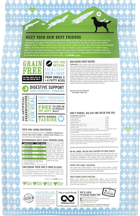 I and love and you Naked Essentials Dry Dog Food, Lamb + Bison, High Protein, Real Meat, No Fillers, Prebiotics +