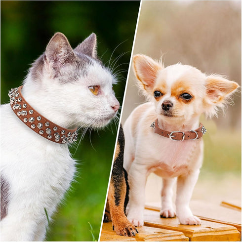 Adjustable Spiked Soft Leather Dog Cat Collar for Female Male, Brown, Anti Bite Studded for Small Dogs (Brown, XS)
