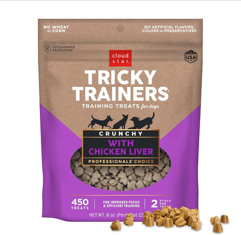 Cloud Star Tricky Trainers Crunchy Dog Training Treats 8 oz Pouch, Chicken Liver Flavor, Low Calorie