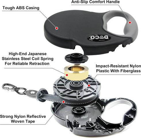 DOCO All Day Adventure Retractable Dog Leash with Stop-and Lock Control, Reflective Tape for Night Safety, Anti-Slip Grip Handle, 360-degree Swivel Snap for Tangle-Free Control (Medium, 16 Feet Long)