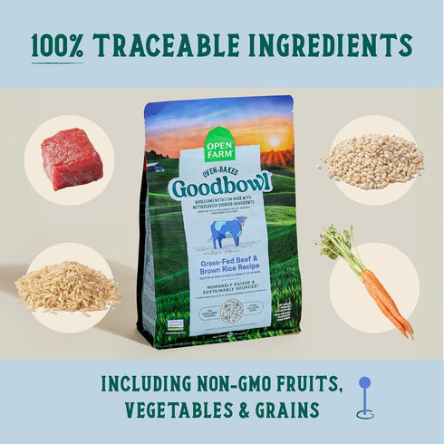 3.5lb (56oz Open Farm Goodbowl, Oven-Baked Small Batch Dry Dog Food - Grass-Fed Beef & Brown Rice Recipe, Includes