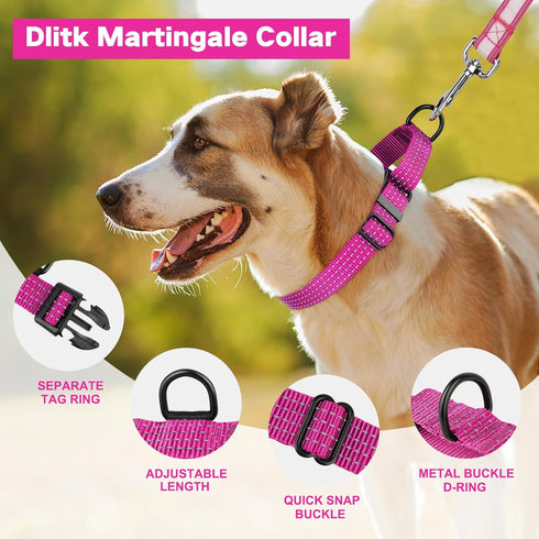 Martingale Dog Collars, Adjustable Reflective Nylon No Pull Choker Collar for Training Medium Large Dogs (M, Hot Pink)