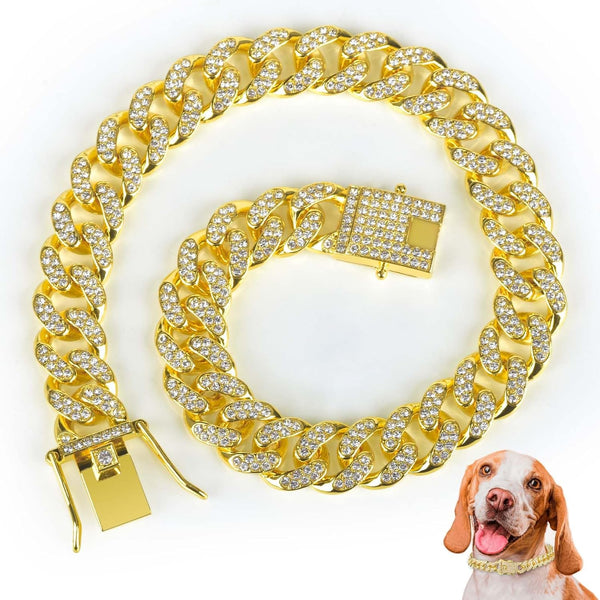 Dog Chain Collar, Diamond Link Walking Necklace with Secure Buckle for Small Medium Large Dogs Cats (Gold, 10 Inch)