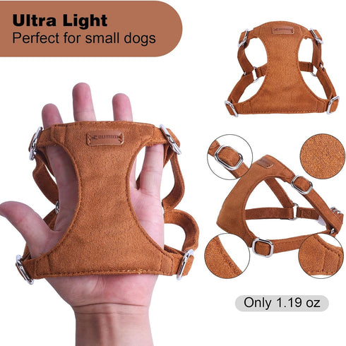 XXS Dog Harness and Leash Set, Adjustable No Pull Puppy Harness with Multifunction Brown Leash & Collar for Small Dogs