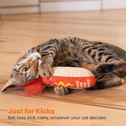Catstages Hotdog Kicker Toy with Catnip and Dental Mesh, Hot Dog Shape, Plush and Feather Cat Toy for Kicking, Tossing