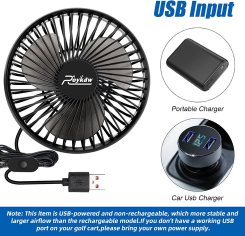 Roykaw Portable Golf Cart Fan, USB Input, 3-Speed Settings, Compatible with EZGO Club Car Yamaha