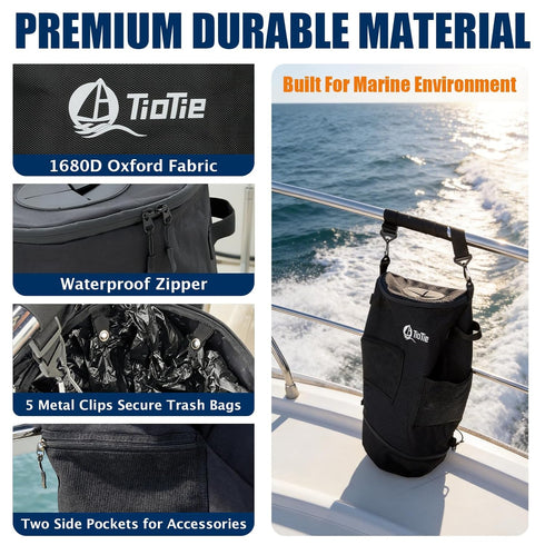 TioTie 5.5in 26" 1680D Boat Trash Can with PVC Cross Opening, Large Marine Garbage Bag for Pontoon, Fishing & Kayak