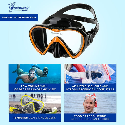 Set Seavenger Aviatar Diving Dry Top Snorkel with Adjustable Open-Heel Fins, Single-Lens Mask, and Mesh Gear Bag