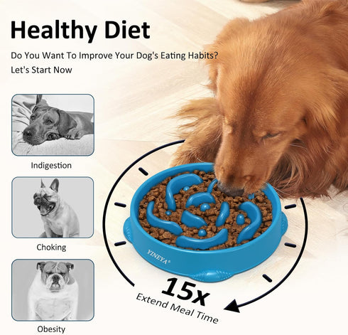 4 Cups Pet Food Bowls for Large Dogs, Slow Feeder Anti-Slip Bowls, 2Pcs Rose Red & Dark Blue