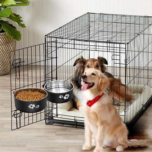 Stainless Steel Dog Crate Water Bowl, No Spill, 2 Pack Hanging Bowls for Medium Large Dogs, Metal Pet Feeder Dish