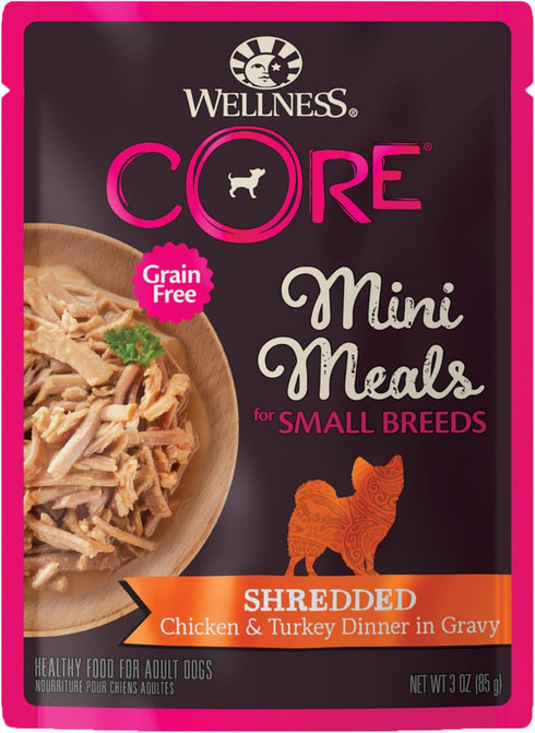 Wellness CORE Natural Grain Free Mini Meals Wet Dog Food, Shredded Chicken & Turkey Dinner in Gravy, 3-Ounce Pouch