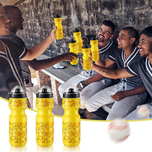 Hosuly 24 Pcs 24 oz Baseball Water Bottle Set, Drawstring Bag, 12 Reusable Plastic Tumblers for Party Favor (Yellow)