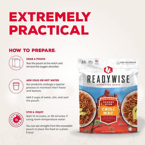 (2 ReadyWise Wise Foods Entree Dish Chili Mac with Beef Servings)