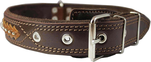 Genuine Leather Braided Studded Dog Collar, Brown, 1.6" Wide, Fits 19"-24" Neck