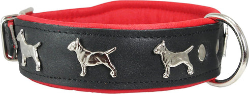 Real Leather Soft Padded Dog Collar, Bull Terrier, 1.75" Wide, (16.75"-19.25" Neck, Black/Red)
