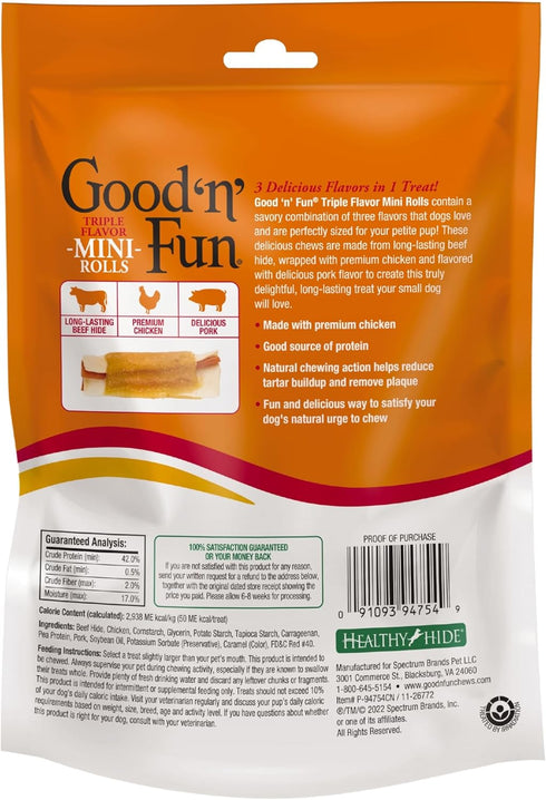 Good 'n' Fun Triple Flavor Mini Rolls, 8 Ounce, Treat Your Small Dog to a Long-Lasting Rawhide Chews
