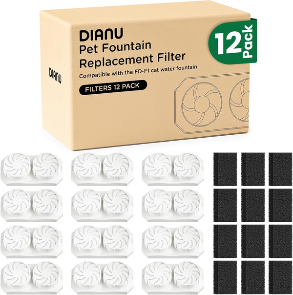 DIANU Official Cat Water Fountain Replacement Filters & Pre-Filter Sponges for 3.2L/108oz