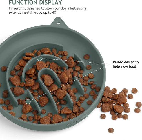 Coomazy Dark Green Silicone Slow Feeder Dog Cat Bowls, Interactive Puzzle Toy, Prevents Overeating, Medium: 1.4Cup