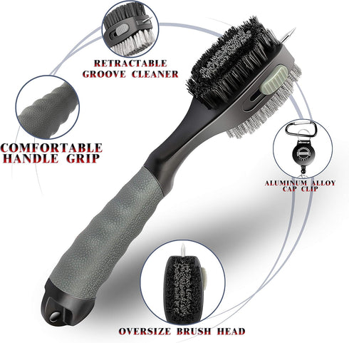 Brush(Grey(1 CHAMPKEY PRO Retractable Golf Club Brush - Oversized Brush Head with Soft Rubber Hand Grip & Retractable