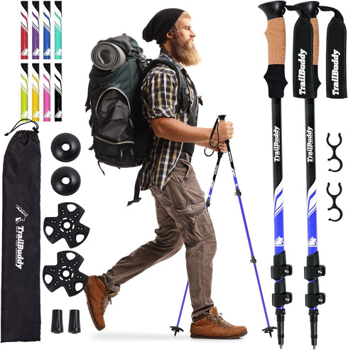 TrailBuddy Trekking Poles - Pair of 2 Lightweight Collapsible Hiking Poles for Backpacking Gear