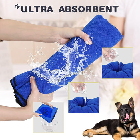 Chumia 4 Pack Dog Towels for Drying Dog Large Microfiber Dog Towels Grooming Towels Absorbent Soft Pet Bath Towels with Embroidered Paw for Small Medium Large Dogs Cats Bathing(Blue,16 x 32 Inch)