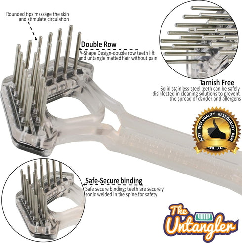 Mini-Rake V-Shape Double Row Rotating Teeth for Dematting Dogs and Cats